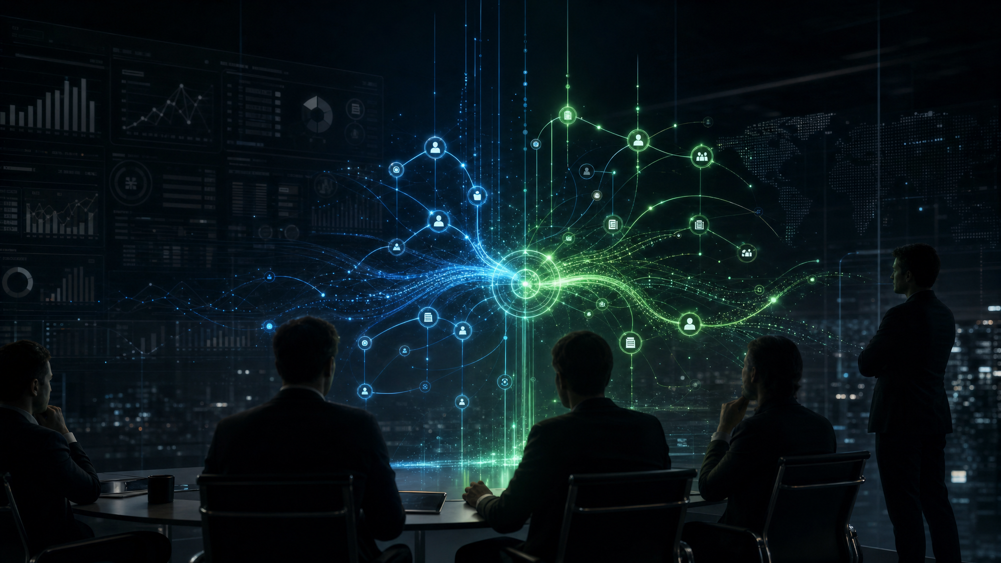 Uma sala executiva escura com dashboards ao fundo e um sistema luminoso de decisões conectadas no centro.